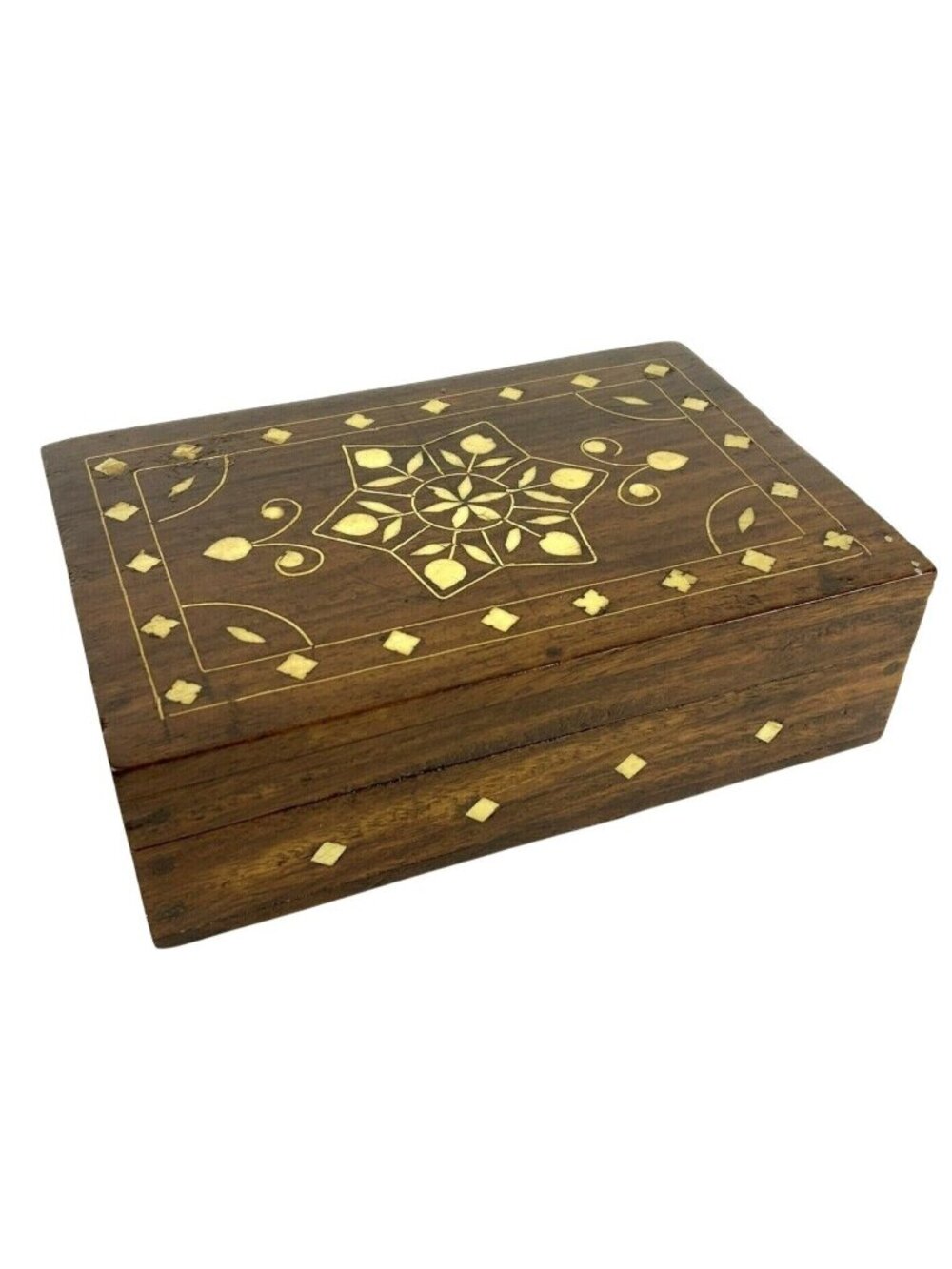 Handcrafted Wooden Jewelry Stash Box Inlaid Design Rectangular Stars Boho